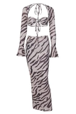 Zebra Print Low Cut Flared Sleeve Contrast Maxi Skirt Set for Y2K Fashion Lovers