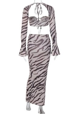 Zebra Print Low Cut Flared Sleeve Contrast Maxi Skirt Set for Y2K Fashion Lovers