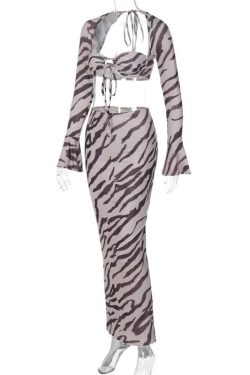 Zebra Print Low Cut Flared Sleeve Contrast Maxi Skirt Set for Y2K Fashion Lovers