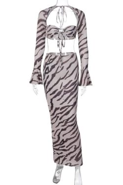 Zebra Print Low Cut Flared Sleeve Contrast Maxi Skirt Set for Y2K Fashion Lovers