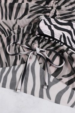 Zebra Print Mesh Drawstring Halter 3-Piece Swimwear Set for Y2K Aesthetic Vibes