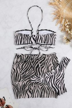 Zebra Print Mesh Drawstring Halter 3-Piece Swimwear Set for Y2K Aesthetic Vibes