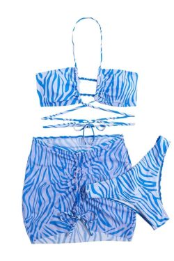 Zebra Print Mesh Drawstring Halter 3-Piece Swimwear Set for Y2K Aesthetic Vibes