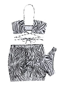 Zebra Print Mesh Drawstring Halter 3-Piece Swimwear Set for Y2K Aesthetic Vibes