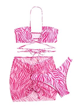 Zebra Print Mesh Drawstring Halter 3-Piece Swimwear Set for Y2K Aesthetic Vibes