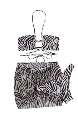 Zebra Print Mesh Drawstring Halter 3-Piece Swimwear Set for Y2K Aesthetic Vibes