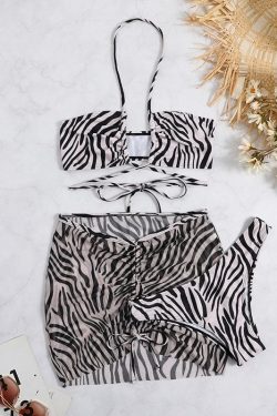 Zebra Print Mesh Drawstring Halter 3-Piece Swimwear Set for Y2K Aesthetic Vibes