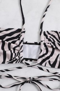 Zebra Print Mesh Drawstring Halter 3-Piece Swimwear Set for Y2K Aesthetic Vibes