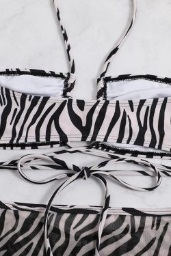 Zebra Print Mesh Drawstring Halter 3-Piece Swimwear Set for Y2K Aesthetic Vibes