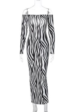 Zebra Print Off-Shoulder Long Sleeve Maxi Dress for Y2K Fashion & Coquette Aesthetic