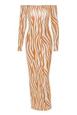 Zebra Print Off-Shoulder Long Sleeve Maxi Dress for Y2K Fashion & Coquette Aesthetic