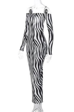 Zebra Print Off-Shoulder Long Sleeve Maxi Dress for Y2K Fashion & Coquette Aesthetic