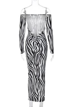 Zebra Print Off-Shoulder Long Sleeve Maxi Dress for Y2K Fashion & Coquette Aesthetic