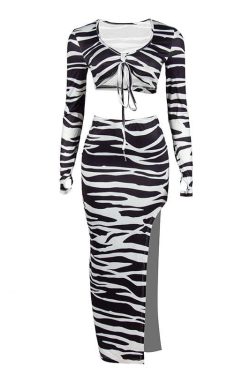 Zebra Print Self-Tie Contrast Long Sleeve Irregular Slit Maxi Skirt Set for Y2K Aesthetic