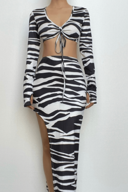 Zebra Print Self-Tie Contrast Long Sleeve Irregular Slit Maxi Skirt Set for Y2K Aesthetic