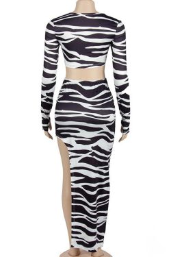 Zebra Print Self-Tie Contrast Long Sleeve Irregular Slit Maxi Skirt Set for Y2K Aesthetic