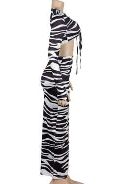 Zebra Print Self-Tie Contrast Long Sleeve Irregular Slit Maxi Skirt Set for Y2K Aesthetic