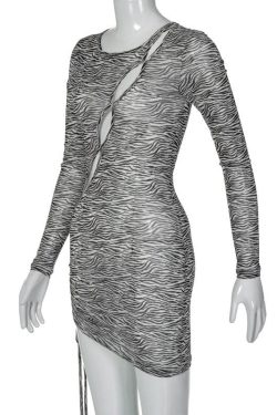 Zebra Print Sheer Mesh Mini Dress with Irregular Hollow Out Long Sleeves for Y2K Aesthetic