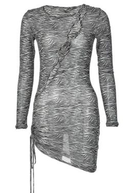 Zebra Print Sheer Mesh Mini Dress with Irregular Hollow Out Long Sleeves for Y2K Aesthetic