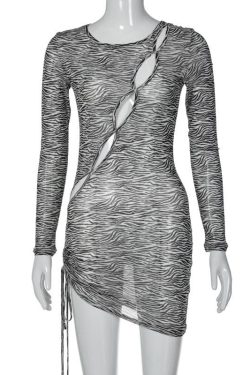 Zebra Print Sheer Mesh Mini Dress with Irregular Hollow Out Long Sleeves for Y2K Aesthetic