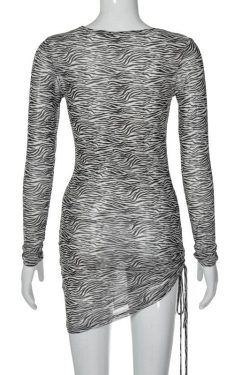 Zebra Print Sheer Mesh Mini Dress with Irregular Hollow Out Long Sleeves for Y2K Aesthetic