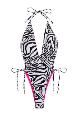 Zebra Print V-Neck Halter Backless One-Piece Swimwear for Y2K Fashion Lovers