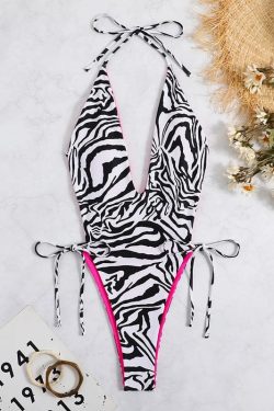 Zebra Print V-Neck Halter Backless One-Piece Swimwear for Y2K Fashion Lovers