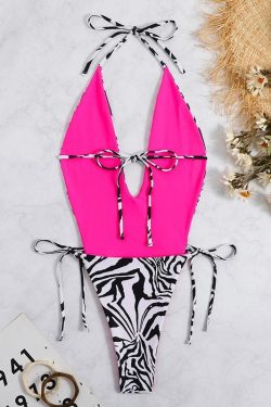 Zebra Print V-Neck Halter Backless One-Piece Swimwear for Y2K Fashion Lovers