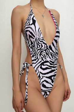 Zebra Print V-Neck Halter Backless One-Piece Swimwear for Y2K Fashion Lovers