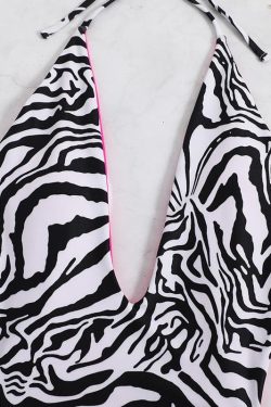 Zebra Print V-Neck Halter Backless One-Piece Swimwear for Y2K Fashion Lovers