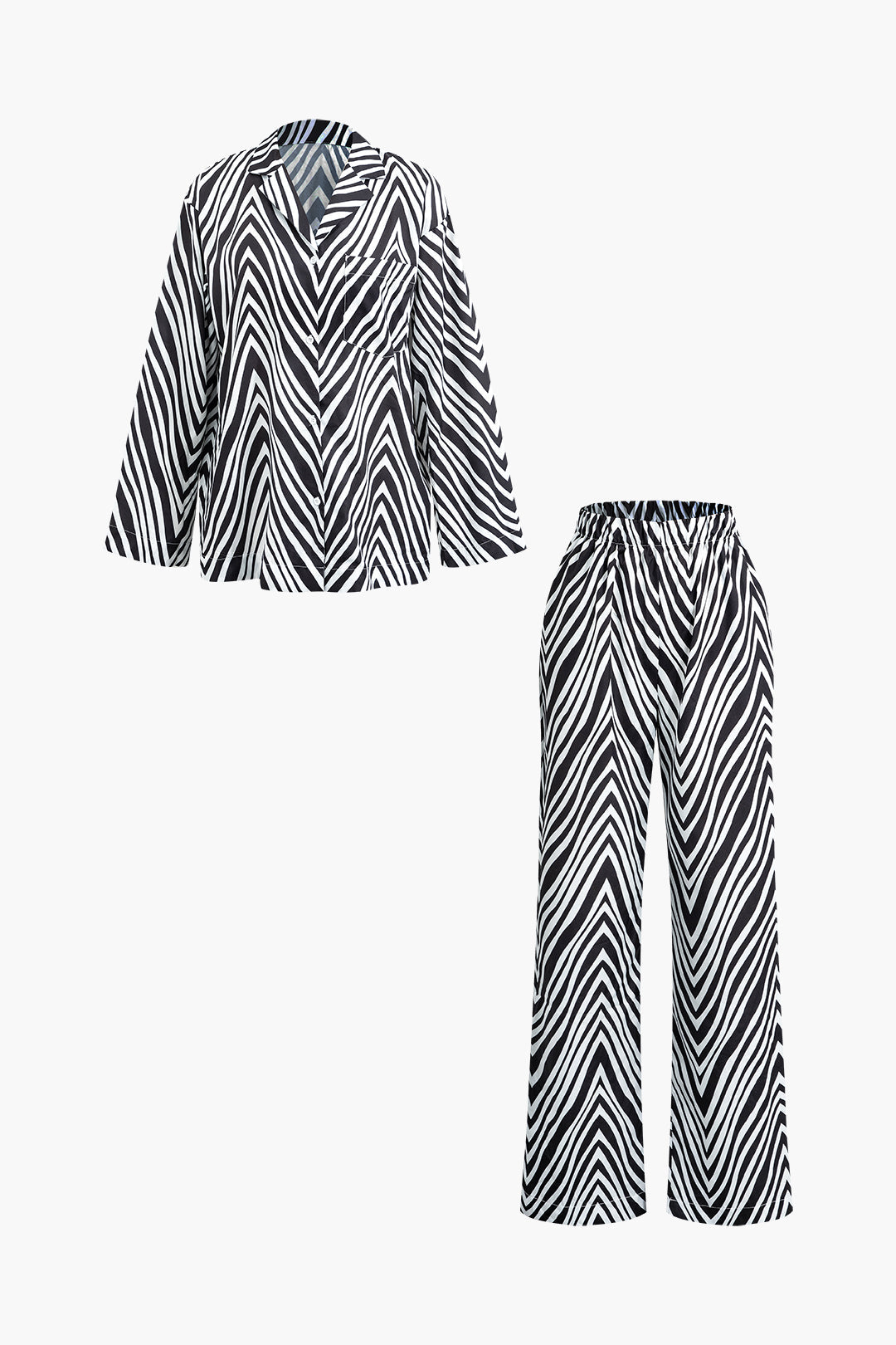 Zebra-Stripe Notched Lapel Pocket Shirt & High Waist Pants Set for Y2K Aesthetic Outfits