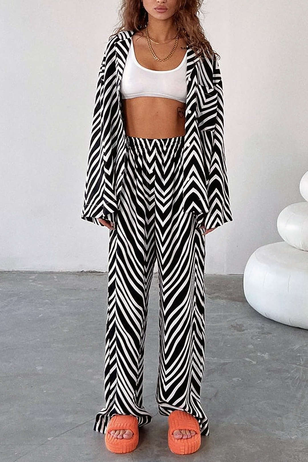 Zebra-Stripe Notched Lapel Pocket Shirt & High Waist Pants Set for Y2K Aesthetic Outfits