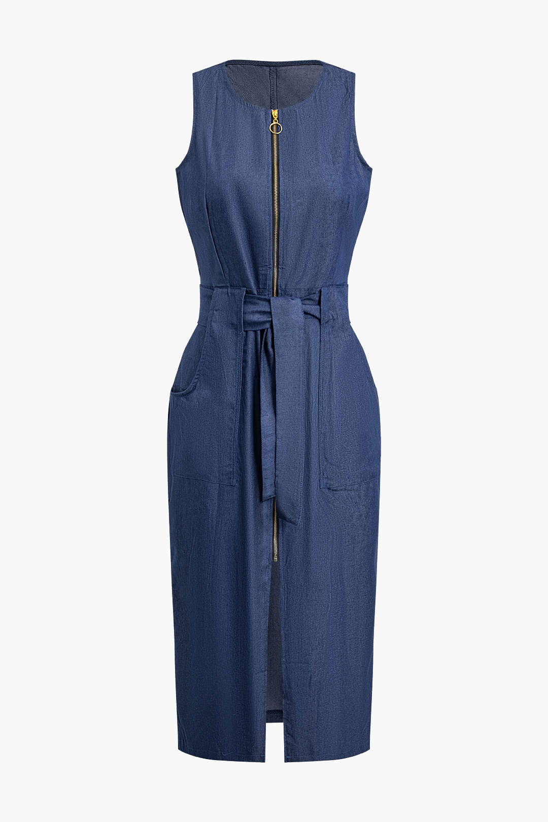 Zipper Belted Slit Sleeveless Denim Midi Dress - Y2K Aesthetic Fashion Essential