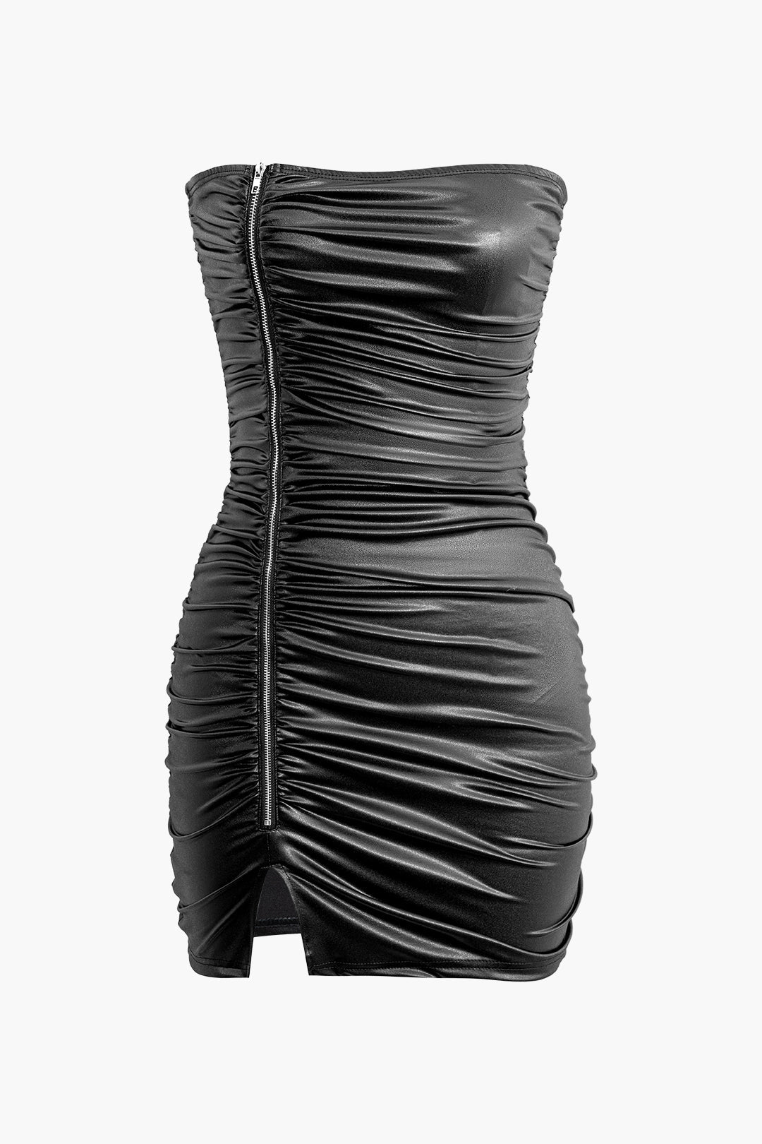 Zipper Ruched Strapless Mini Dress with Slit - Y2K Aesthetic Party Outfit