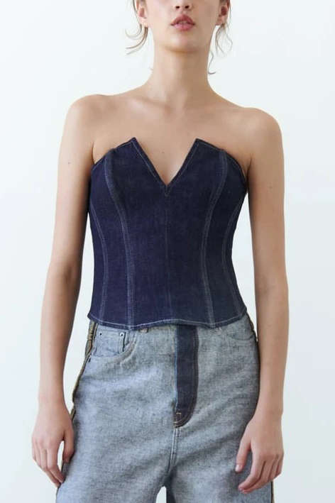 Zipper V-Neck Strapless Denim Top - Y2K Aesthetic Cute Crop Top for Trendy Outfits