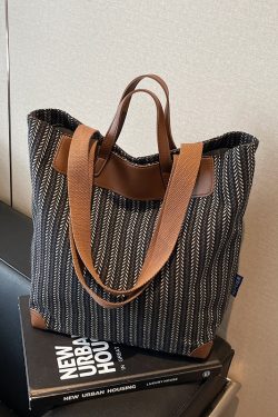 2025 Large Capacity Striped Canvas Tote Bag for Women - Versatile Handheld & Shoulder Bag for Class and Commuting