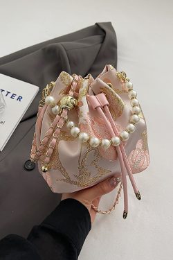 2025 Summer Handheld Pearl Bucket Bag for Women, Chinese-Style Embroidered Crossbody Bag, Niche Minimalist High-End Fashion