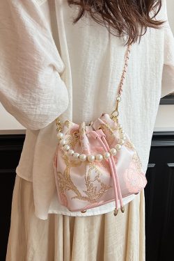 2025 Summer Handheld Pearl Bucket Bag for Women, Chinese-Style Embroidered Crossbody Bag, Niche Minimalist High-End Fashion