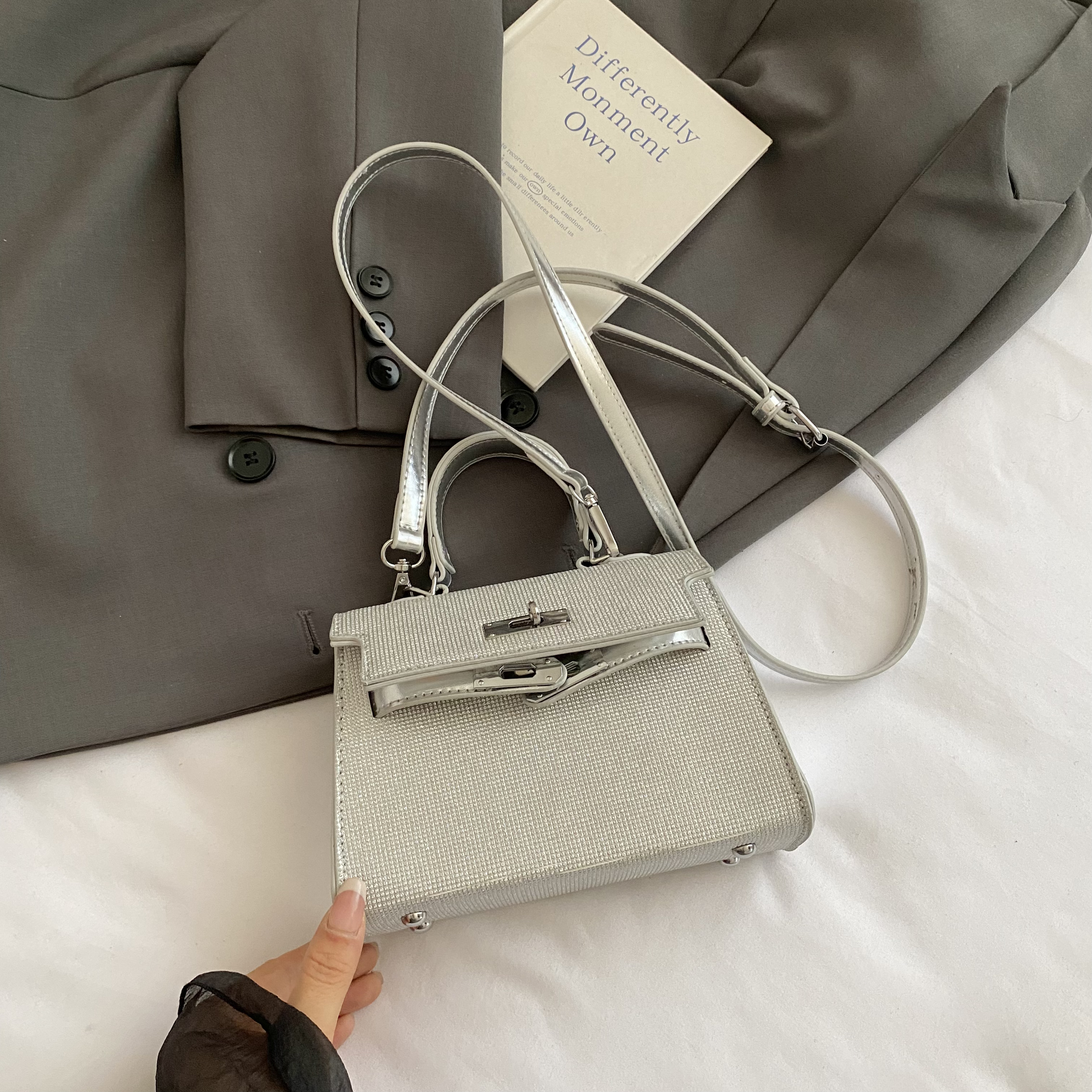 2025 Trendy Silver Kelly Handbag for Women - Versatile Small Square Shoulder Crossbody Bag