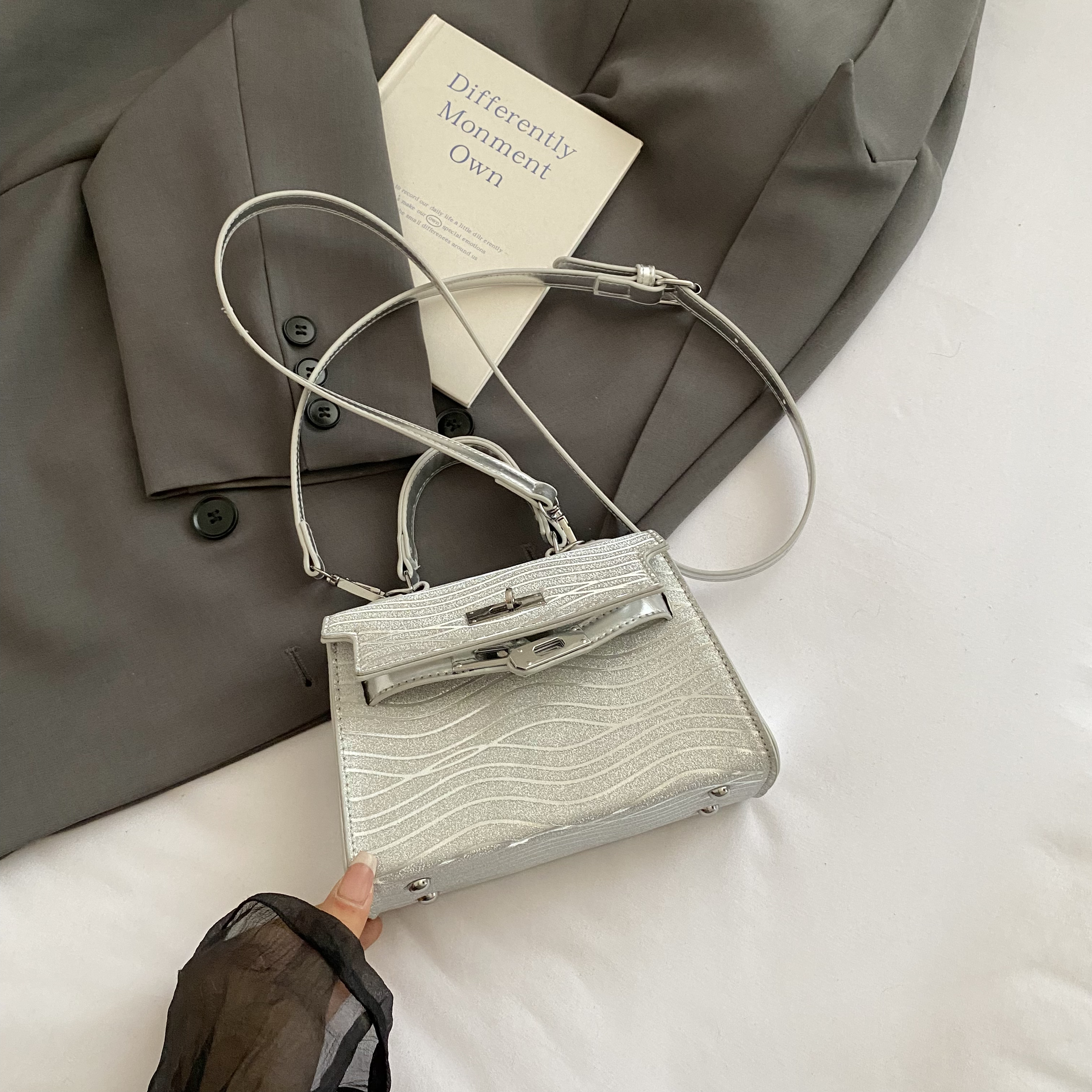 2025 Trendy Silver Kelly Handbag for Women - Versatile Small Square Shoulder Crossbody Bag