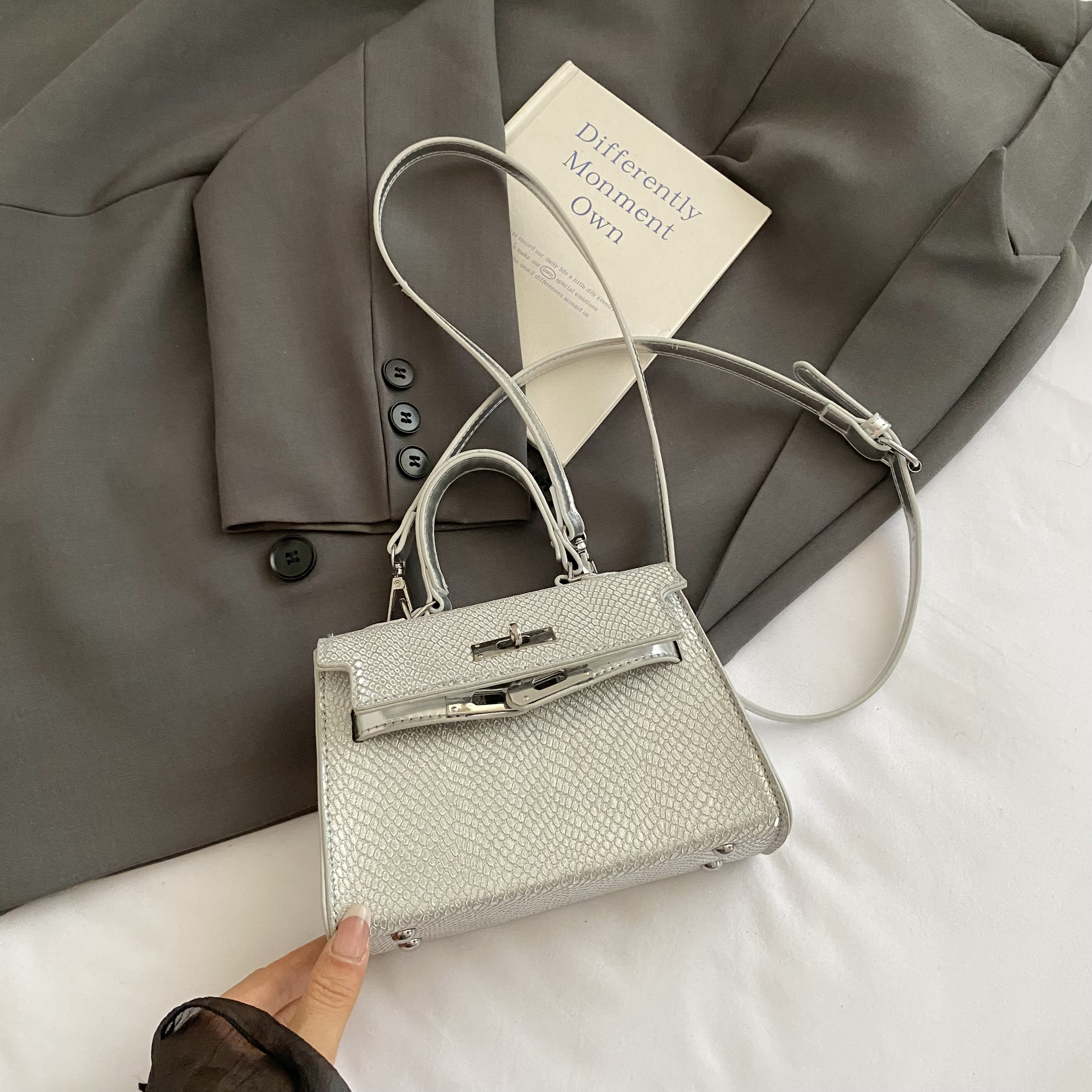 2025 Trendy Silver Kelly Handbag for Women - Versatile Small Square Shoulder Crossbody Bag