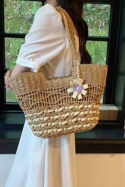 2025 Women's Hollow Woven Straw Beach Bag - Handheld Summer Seaside Vacation Tote for Commuting and Vegetables