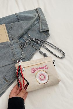 2025 Women's Summer Embroidered Donut Nylon Canvas Crossbody Bag with Zipper - Small Phone Purse for Everyday Use