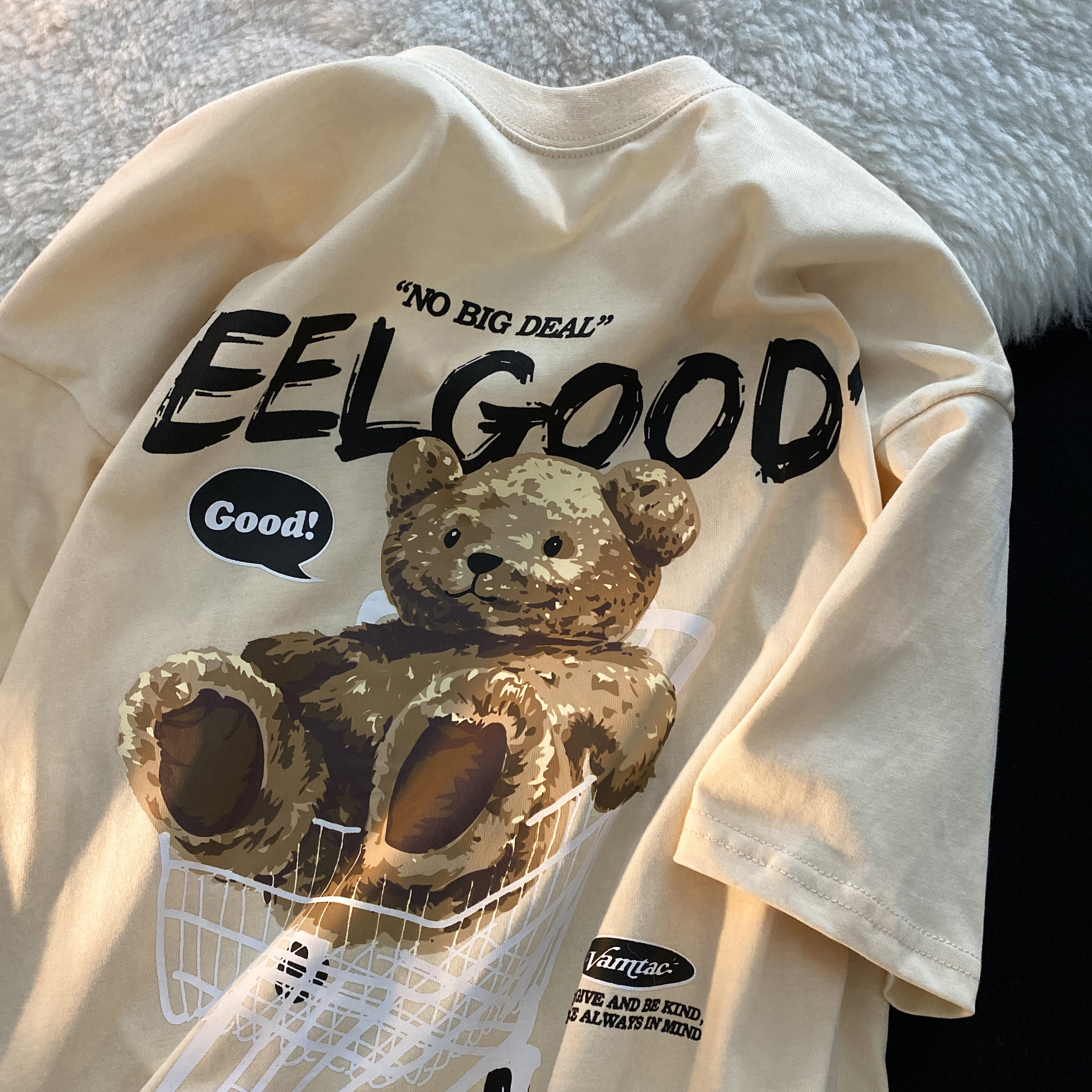 American Retro Bear Graphic Short Sleeve T-Shirt for Men and Women, Plus Size Loose-Fitting Couples Top, Trendy Streetwear