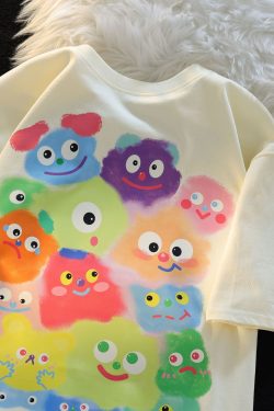 American Retro Cartoon Print Pure Cotton Short Sleeve T-Shirt for Men and Women, Plus Size Loose Fit Couple Top
