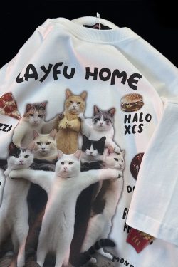 American Retro Cat Print Pure Cotton Short Sleeve T-Shirt for Men and Women - Plus Size Loose Couple Outfit - Y2K Style
