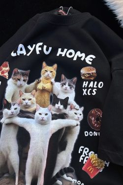 American Retro Cat Print Pure Cotton Short Sleeve T-Shirt for Men and Women - Plus Size Loose Couple Outfit - Y2K Style
