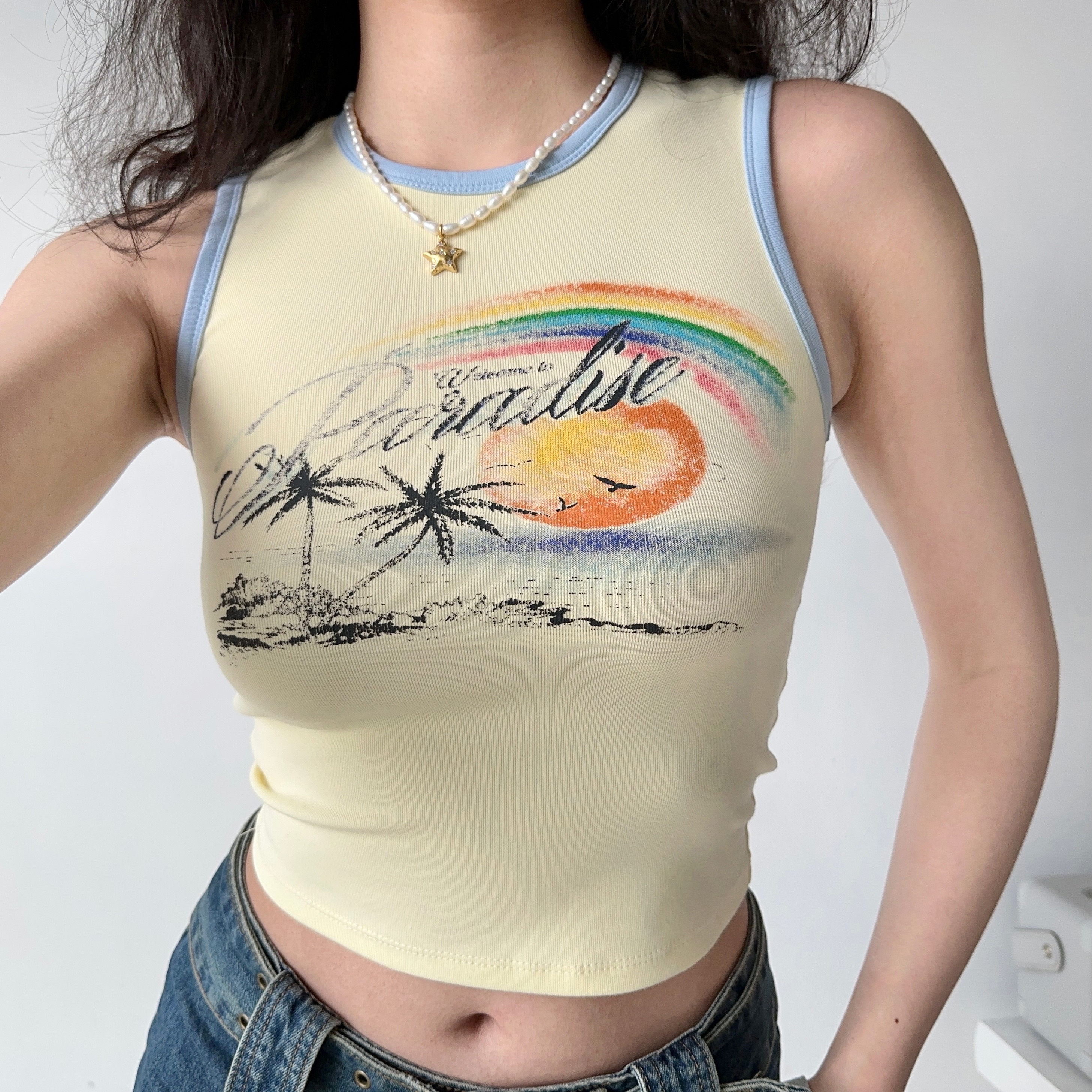 American Retro Coconut Tree Beach Print Sleeveless Tank Top for Women - Slim Fit 90s Style DIY Summer Top