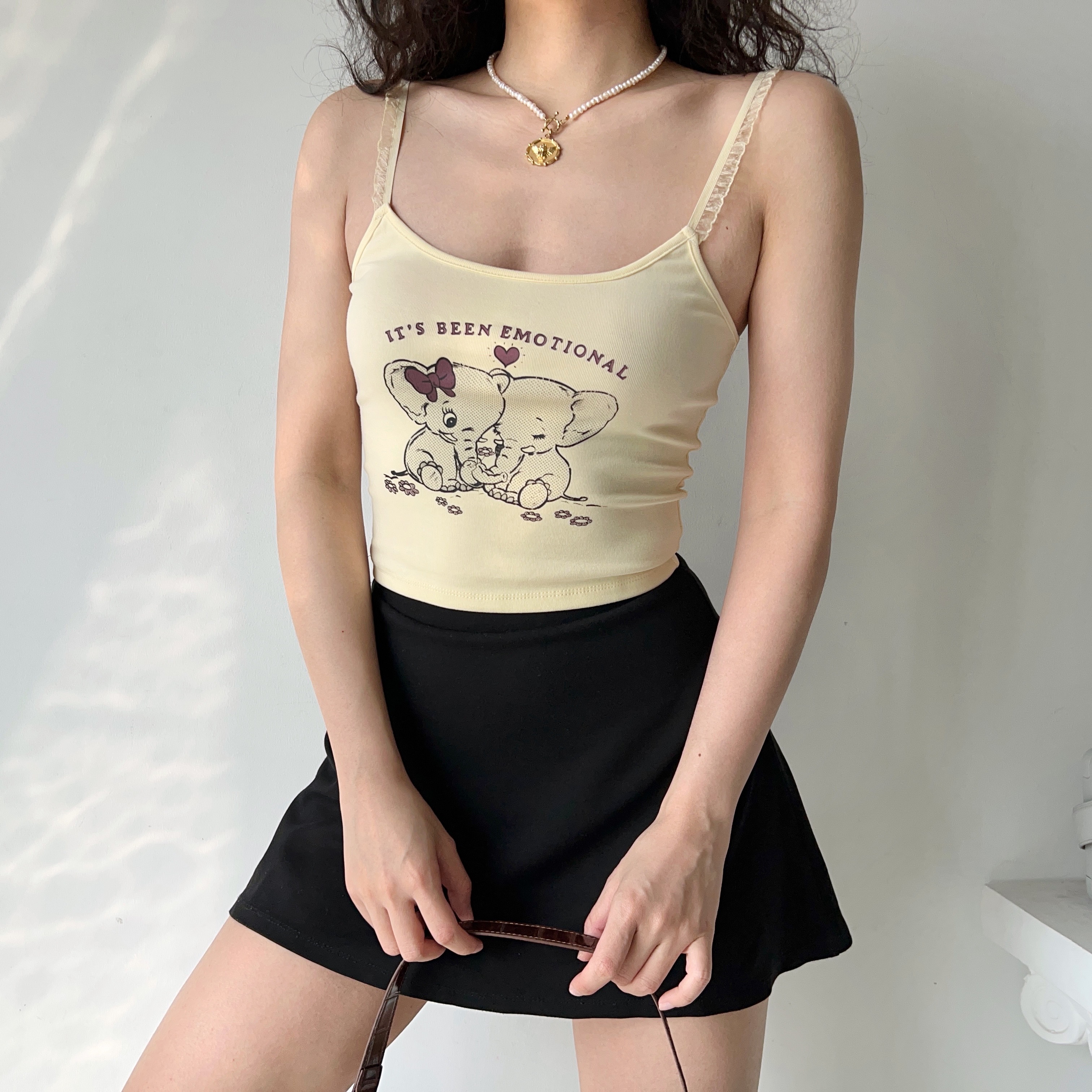 American Retro Elephant Cartoon Print Cami Top for Women - Slim Fit Short Crop Top, Y2K Style