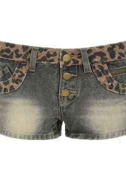 American Retro Leopard Print Patchwork Distressed Denim Low-Waist Slim Fit Bodycon Shorts for Spicy Girls